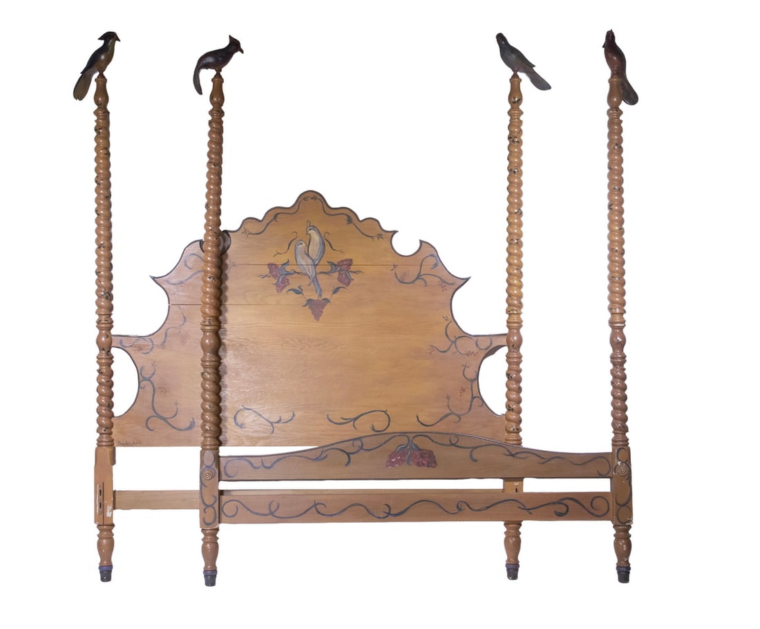 QUEEN SIZE FOUR POSTER BED WITH CARVED BIRDS: Custom Hand Painted Oak Bed, signed "B. Whitaker, '95" on headboard, having an ochre surface with painted bird and leaf decoration, shaped headboard and footboard, barley twist posts topped with carve