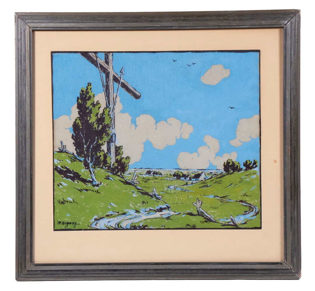 RODOLPHE DUGUAY (QUEBEC CANADA, 1891-1973): Chemin de Croix, 24 Dec 1941, India ink and gouache on illustration board, signed lower left, titled verso, probably a sketch for one of his woodblock prints, in hand painted green and silver frame, m