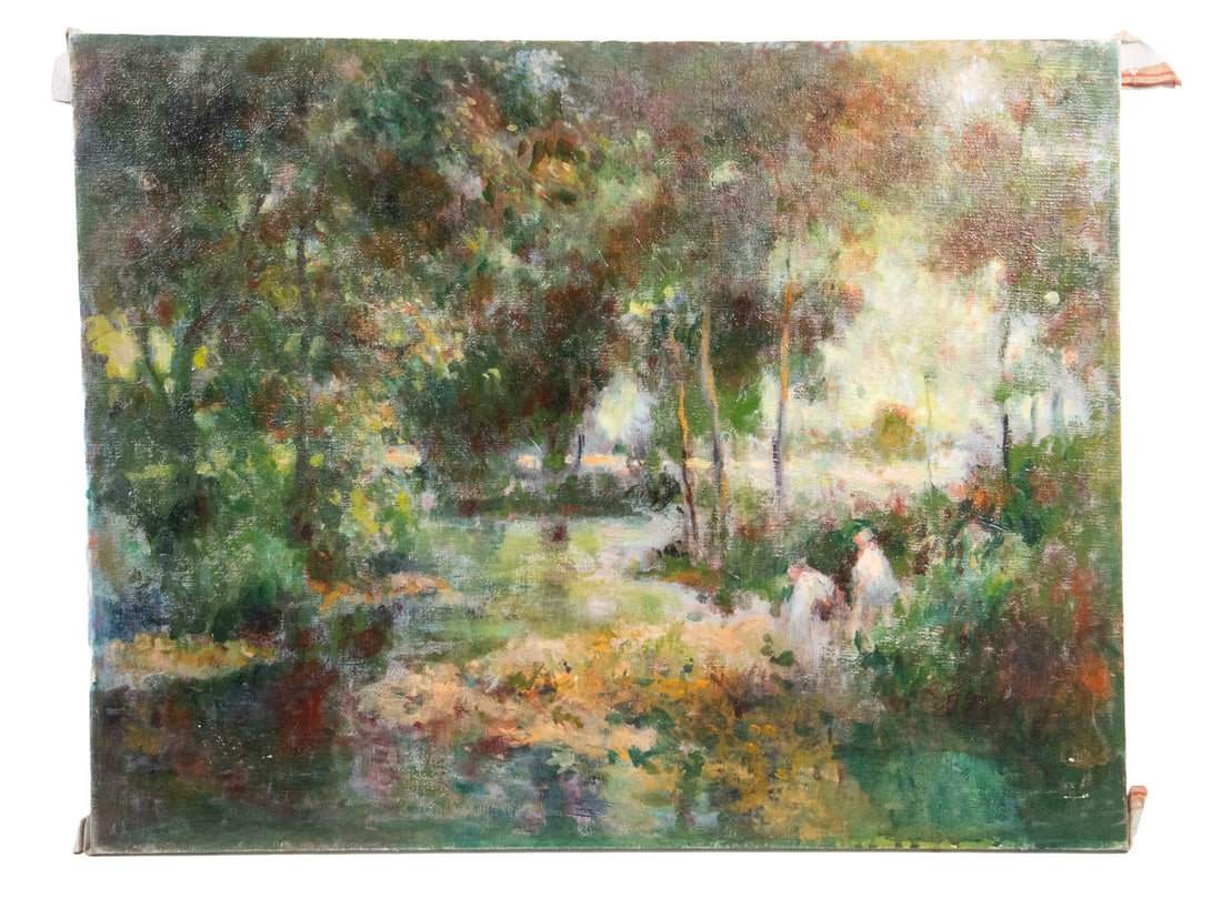 ROBERT FRANKLIN GAULT (CT/MA, 1898-1977): Summer Landscape with Two Figures at Pond, oil on canvas, unsigned, unframed. OS: 22 x 28 in. (55.9 x 71.1 cm.)
