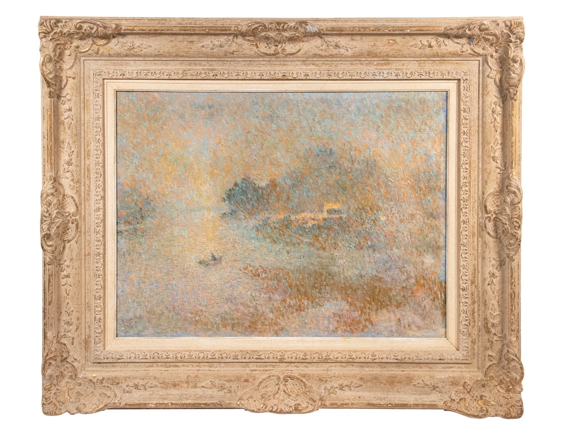 ROBERT FRANKLIN GAULT (CT/MA, 1898-1977): The Lone Rower, American Impressionist pointillist oil on canvas, unsigned, in a replica matched corner gesso frame. OS: 28 x 34 in. (71.1 x 86.4 cm.) SS: 17 1/2 x 23 1/2 in. (44.5 x 59.7 cm.)