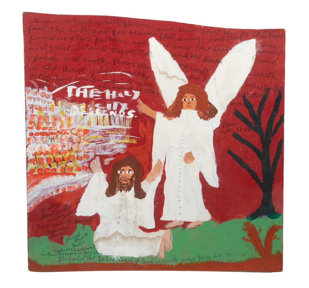 SISTER GERTRUDE MORGAN (NEW ORLEANS, 1900-1980): Everlasting Gospel, outsider gouache on shirtboard, unframed, along with 1971 letter from the State of Louisiana Art Commission in Baton Rouge telling her she won a trophy. In foam core folio. 12 3/4