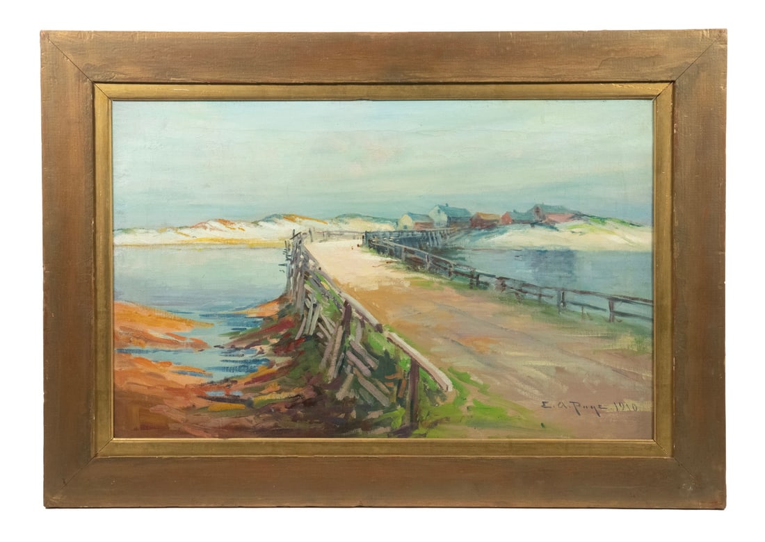 EDWARD A. PAGE (MA, 1850-1928): Nantucket Causeway, oil on canvas, signed and dated 1910 lower right, in gold painted mitered panel frame. OS: 19 x 27 in. (48.3 x 68.6 cm.) SS: 13 1/2 x 21 1/2 in. (34.3 x 54.6 cm.)