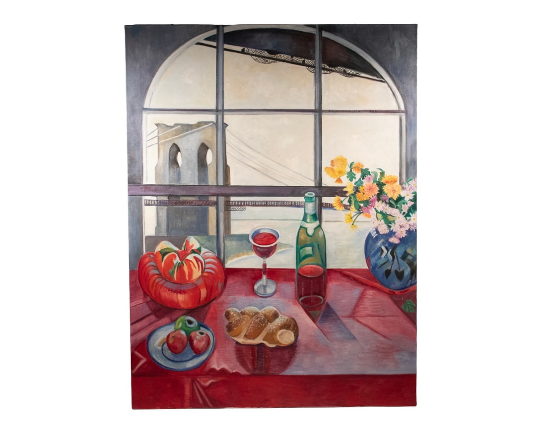 STEPHANIE RAUSCHENBUSCH (CONTEMPORARY, NY): A still life painting with a view of the Brooklyn Bridge through an arched window, oil on canvas, signed on upper right window mullion, dated 1986, unframed with painted edge. Size: 48 x 36 in. (121.9