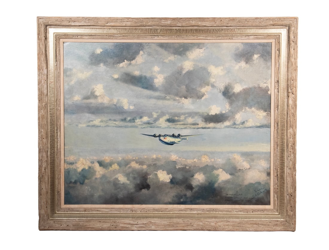 ERIC SLOANE (NY/CT, 1905/10-1985): Pan Am Clipper between Cumulus and Stratocumulus at 6000 feet, oil on canvas board, signed lower right in crayon and titled in india ink, housed in a driftwood frame with gilt rank and linen liner.Per
