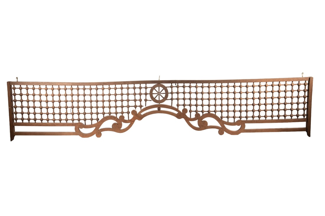 AMERICAN VICTORIAN STICK AND BALL FRETWORK PANELS IN PAINTED WOOD, CA 1900: Victorian stick and ball fretwork with scrollwork edge and cartwheel center motif.Decorative architectural elements, serving as interior partitions, screens on stair landings, radiator covers, and as