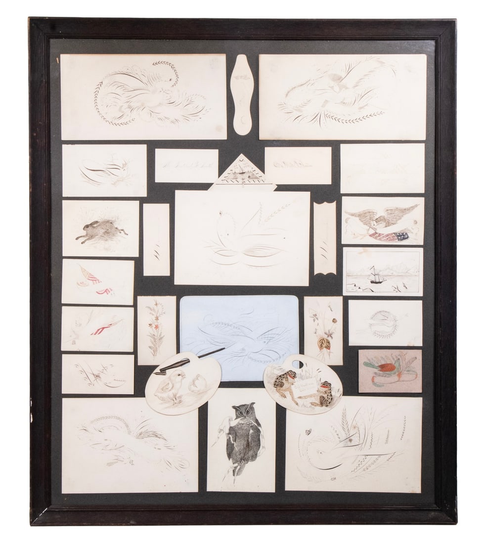 FRAMED GROUP OF VICTORIAN CALLIGAPHY: Calling Cards or Autograph Album Pages, circa 1865-1885, American, featuring mostly patriotic themes, animals, birds and flowers rendered in pen & ink, consisting of (26) pieces mounted on black board