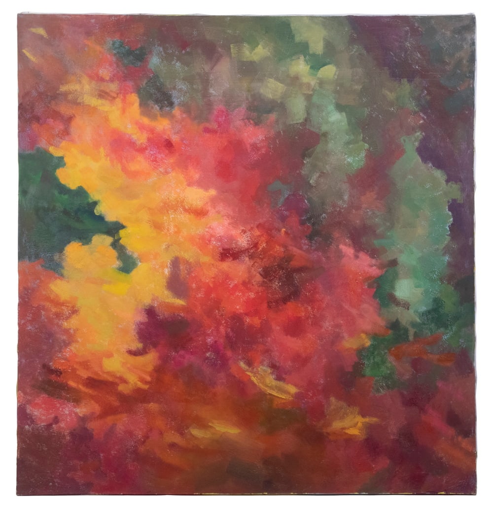 SYRIL FRANK (NY, 1929-2021): Untitled Abstract Expressionist confetti painting in red, green and yellows, unsigned, unframed. Good condition. 48 x 50 in. (121.9 x 127 cm.)