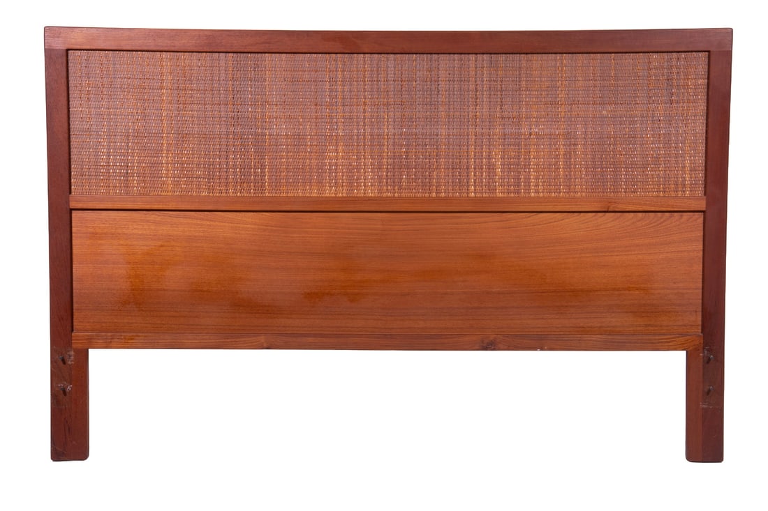 DANISH MODERN TEAK FULL SIZE HEADBOARD: Mid Century Headboard, designed by Nils Jonsson, with teak frame and inset woven rattan panel, 34 1/2" high, 54" wide. OS: 34 1/2 x 54 in. (87.6 x 137.2 cm.)