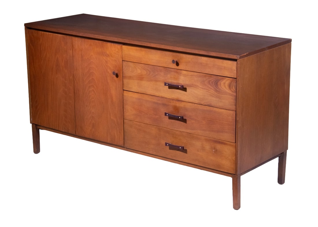 PAUL MCCOBB PERIMETER GROUP CREDENZA: Mid-Century Modern Beech Wood Cabinet, designed by Paul McCobb from Winchendon Furniture Company's (Winchendon, MA) Perimeter Group series (1957-59), having a hinged bi-fold door with interior shelf,
