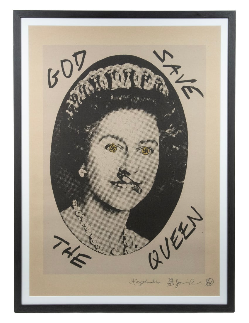 JAMIE REID GOD SAVE THE QUEEN: God Save the Queen, Sex Pistols 1977 album cover as a silkscreen original numbered print signed by the artist, black on tan, by Jamie Reid (UK, 1947-2023), pencil signed and numbered 79/750, marked "(