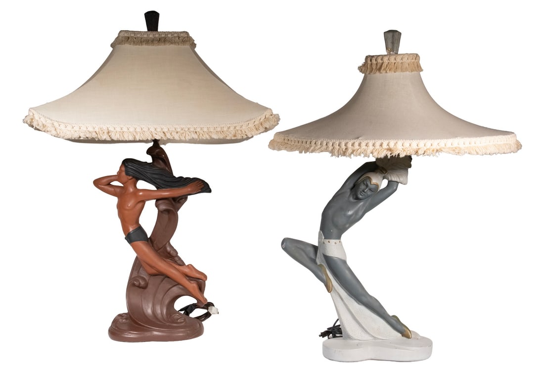 (2) CONTINENTAL ART CO. DANCERS CHALKWARE LAMPS: (2) 1950s Deco Style Figural Table Lamps, by Continental Art Co. (Chicago, 1948-62), each depicting a dancer in motion, with original fabric shades, single socket fixtures, with harps and finials, bot