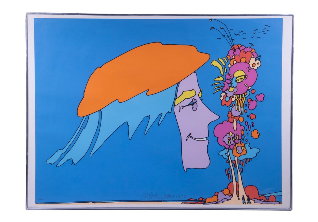 PETER MAX (NY/GERMANY, 1937 -): Remembering It, serigraph, signed lower center and dated '70, in chrome casement frame, under glass. OS: 22 x 30 in. (55.9 x 76.2 cm.) SS: 21 x 27 3/4 in. (53.3 x 70.5 cm.)