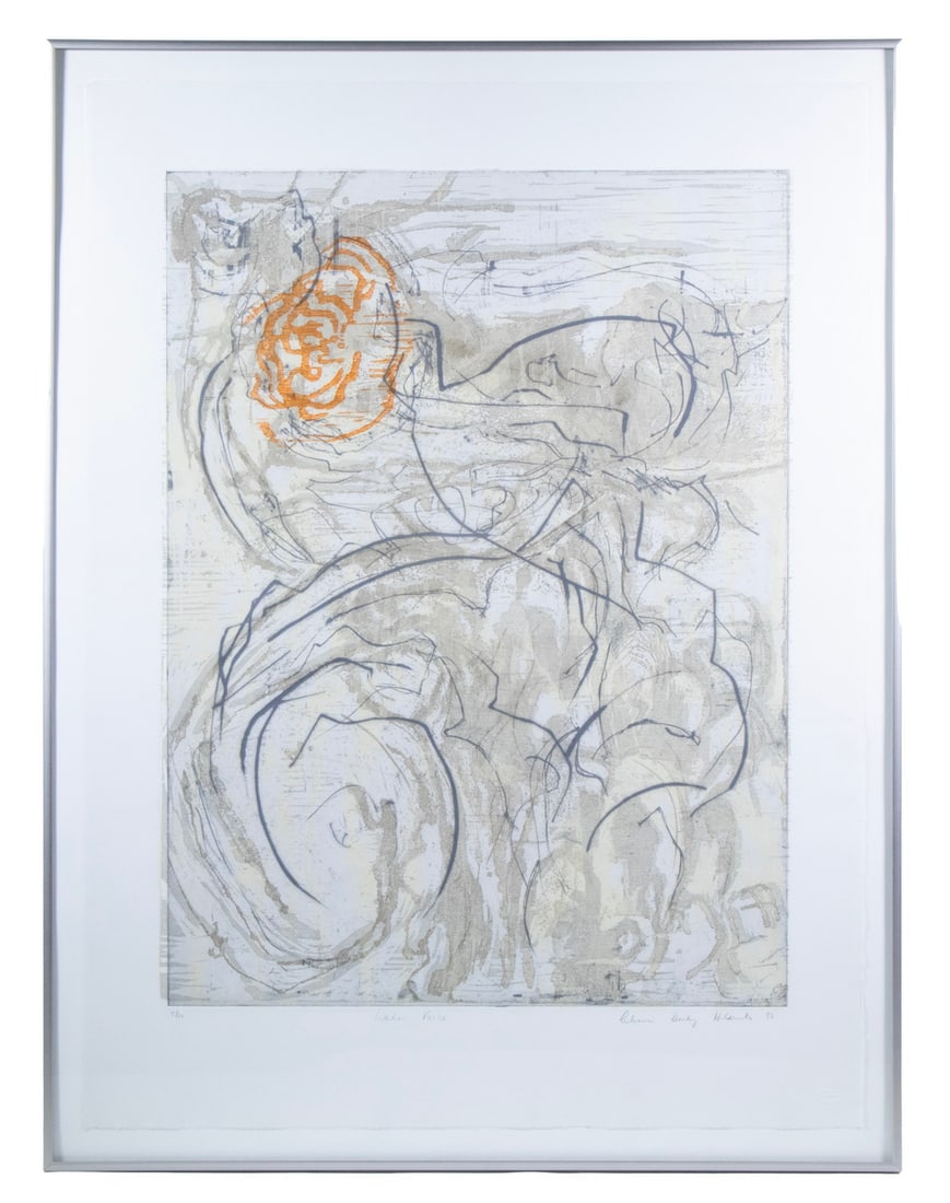 ALISON HILDRETH (LATE 20TH . MAINE): Water Voice, Aquatint, woodcut and dry point mixed media, 1987. #5 of 10. In brushed grey metal casement frame, under glass. OS: 32 x 24 in. (81.3 x 61 cm.) SS: 29 1/2 x 22 in. (74.9 x 55.9 cm.)