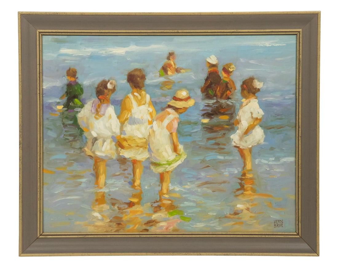 VERNON GEORGE BROE (ME/IL, 1930-2011): Children Beach Wading, oil on canvas board, signed lower right, titled verso, with Richmond, Maine estate stamp, in gold and tan ogee frame. OS: 13 x 16 in. (33 x 40.6 cm.) SS: 10 1/2 x 13 1/2 in. (26