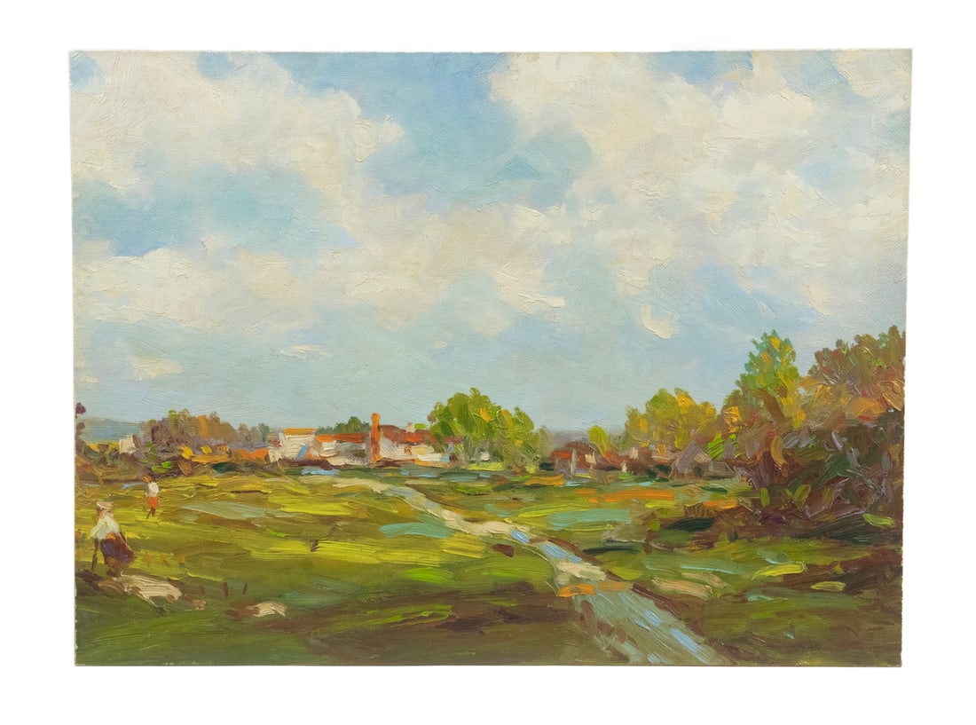VERNON GEORGE BROE (ME/IL, 1930-2011): Maine Landscape, oil on canvas board, unsigned, estate stamp verso, unframed. 12 x 16 in. (30.5 x 40.6 cm.)