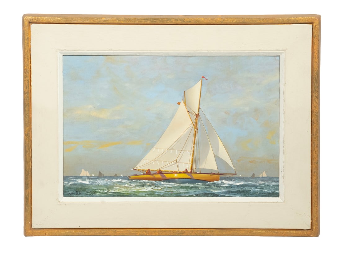 VERNON GEORGE BROE (ME/IL, 1930-2011): Day Sailors, oil on canvas board, signed lower right, estate stamp verso, in gilt box frame with cream painted liner. OS: 12 x 16 in. (30.5 x 40.6 cm.) SS: 7 1/2 x 11 1/2 in. (19.1 x 29.2 cm.)