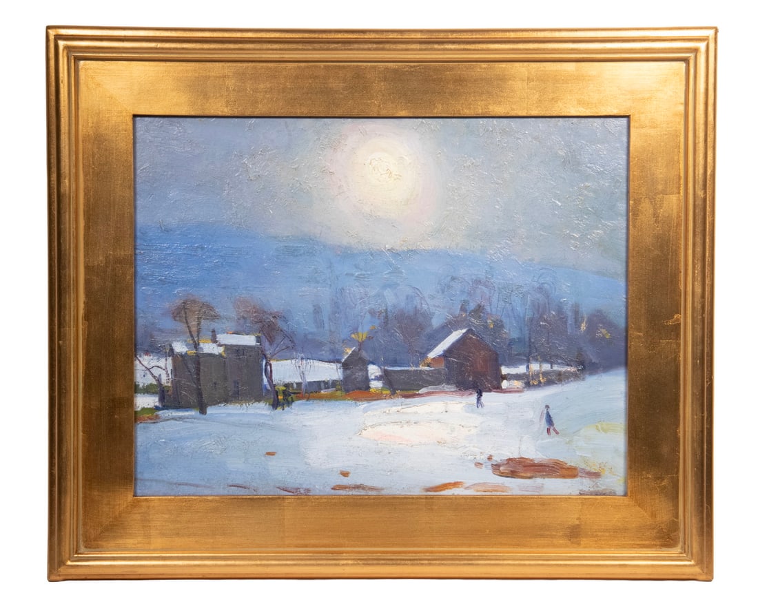 ROBERT OSBORNE CHADEAYNE (ME/NY/OH, 1897-1981): Winter Dawn, oil on masonite, double sided, signed only on reverse lower right; a view of a red brick church, in gilt molded panel frame. OS: 19 1/2 x 23 1/2 in. (49.5 x 59.7 cm.) SS: 13 1/2 x 17 1/2