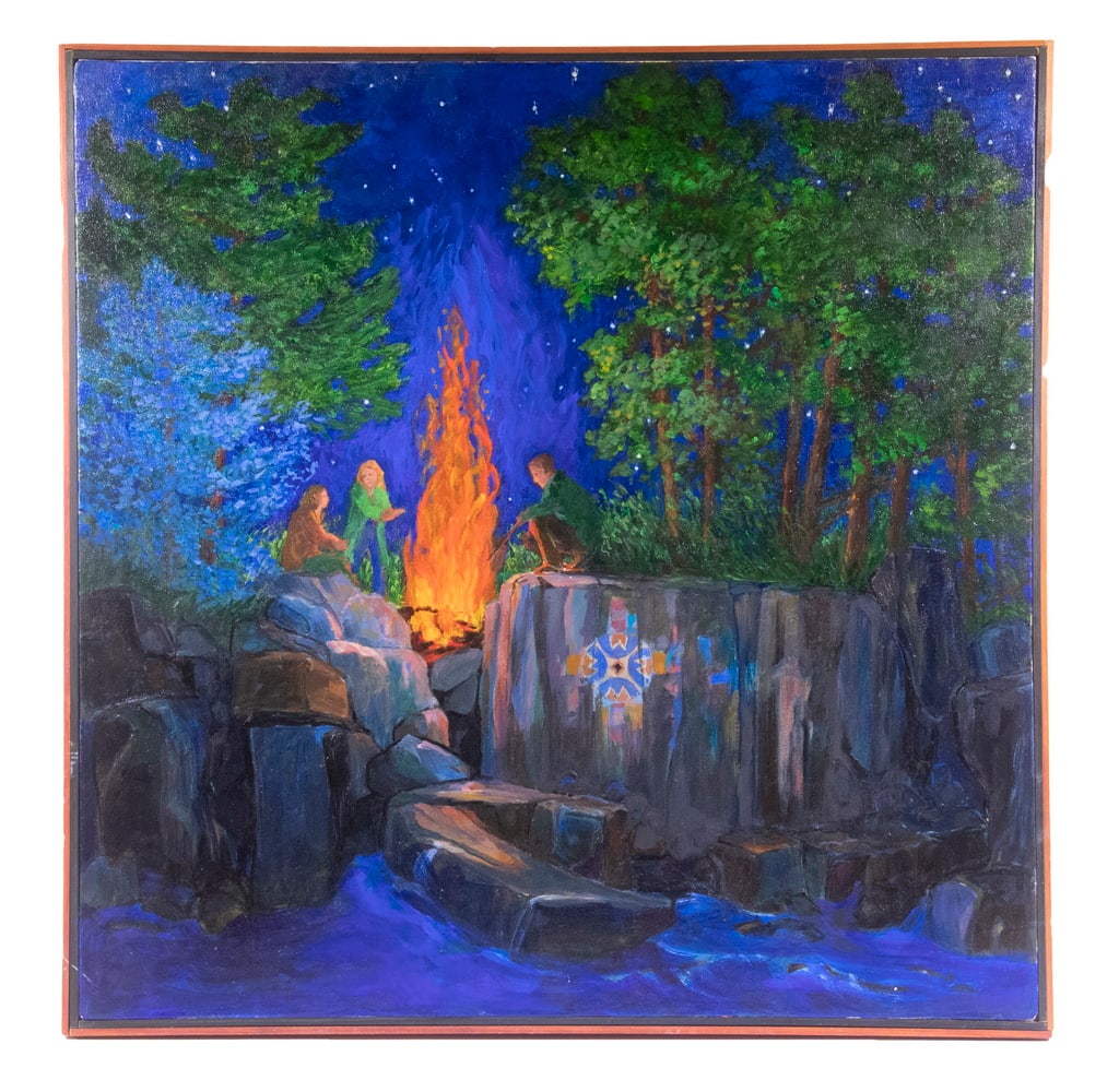 JEN DERBYSHIRE (CONTEMPORARY MAINE): Indian Rock, depicting three people around a campfire near painted rocks, oil on canvas, signed and titled verso, in cherry stained slat frame with black liner. Good condition. OS: 31 x 31 in. (78.7 x