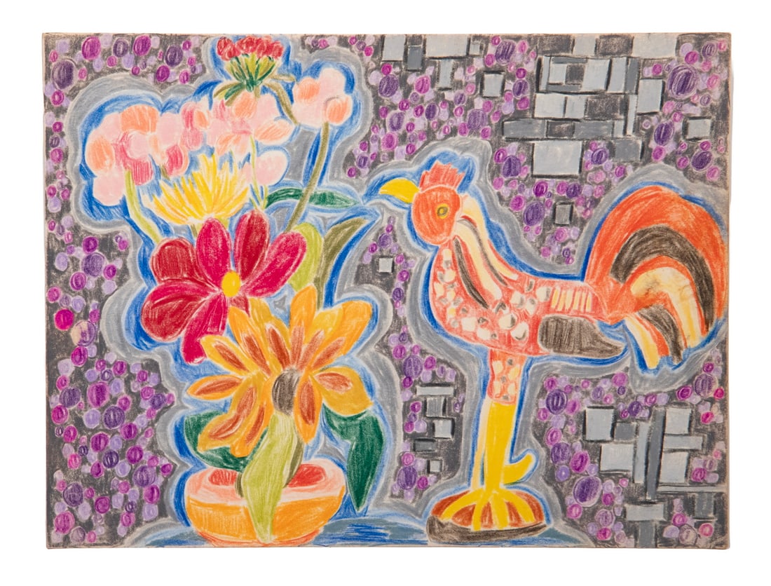 LYNNE DREXLER (MONHEGAN ISLAND, MAINE, 1928-1999): Rooster and Flower, colored pencil on paper, signed on back and dated 1987, unframed in foamcore folio.Drexler trained in the city as an abstract expressionist with Hans Hofmann and Robert Motherwell.