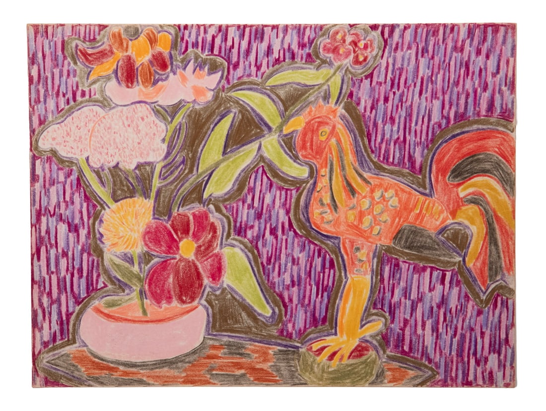 LYNNE DREXLER (MONHEGAN ISLAND, MAINE, 1928-1999): Rooster and Flower, colored pencil on paper, signed on back and dated 1987, unframed in foamcore folio.Drexler trained in the city as an abstract expressionist with Hans Hofmann and Robert Motherwell