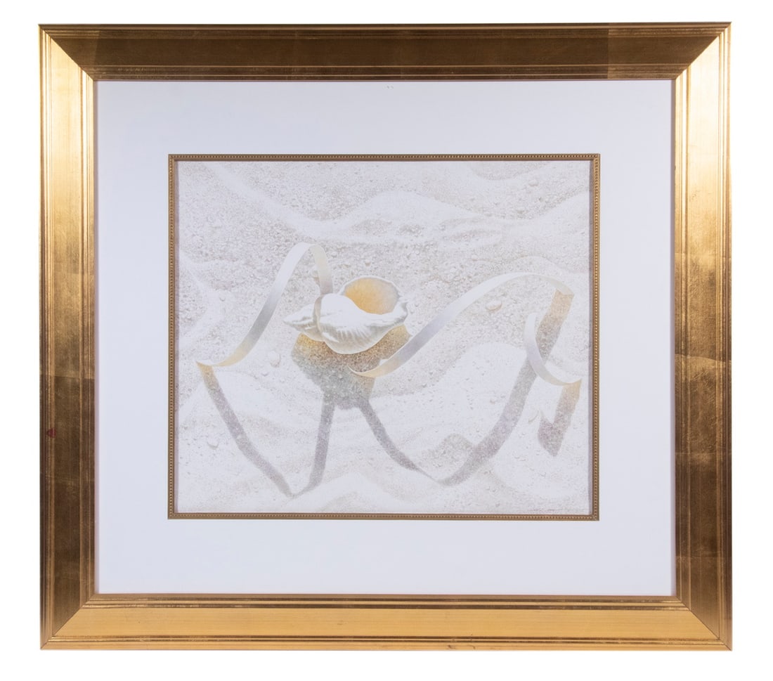 GREG MORT (MD, 1952 - ): Natural Wonders, watercolor on paper, signed lower right and dated 2005, depicting seashells, in gold mitered frame, matted under UV plexiglass. Fine condition. OS: 33 x 36 in. (83.8 x 91.4 cm.) SS: 1