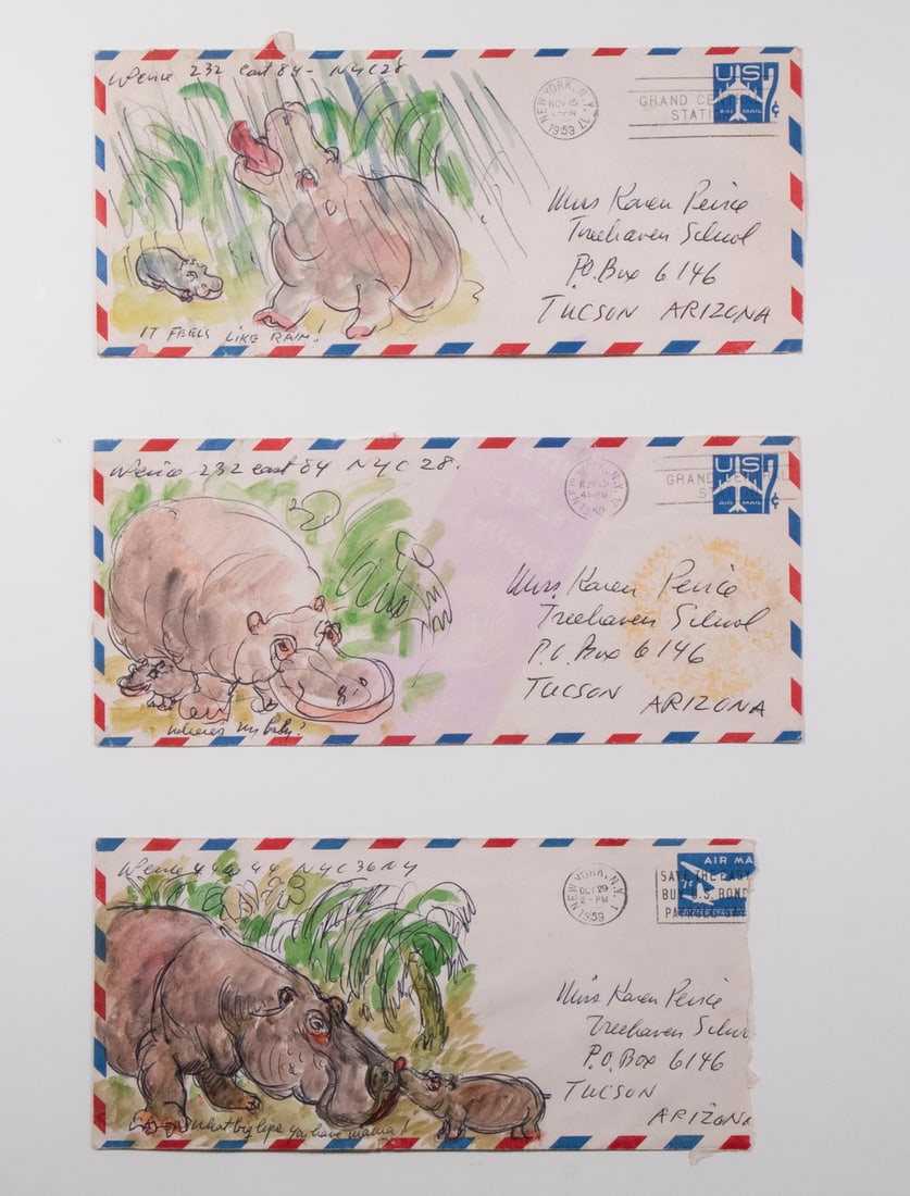 WALDO PEIRCE (ME/MA/NY, 1884-1970): (3) Illustrated Envelope Cartoons in ink and watercolor, circa 1960, addressed to the artist's daughter Karen off at school, featuring Hippo Mother and Child, titled "It Feels Like Rain!"; "Where's my
