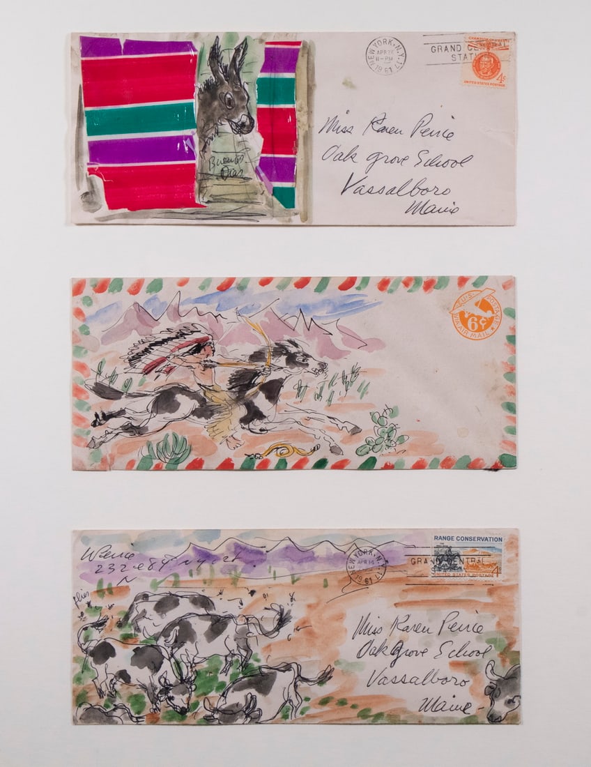WALDO PEIRCE (ME/MA/NY, 1884-1970): (3) Illustrated Envelope Cartoons in ink and watercolor, circa 1960, addressed to the artist's daughter Karen off at school, featuring the American West, including "Burro Dies", Indian Chief on gallop