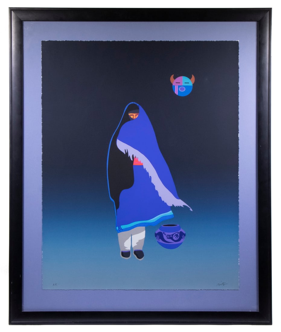 JOHN NIETO (NM/TX, 1936-2018): Dine Pueblo Woman in Wind, with pot and mask, serigraph, pencil signed lower right, marked as artist's proof, framed in Taos NM, housed in black lacquer frame, floated over blue board, under plexi. OS