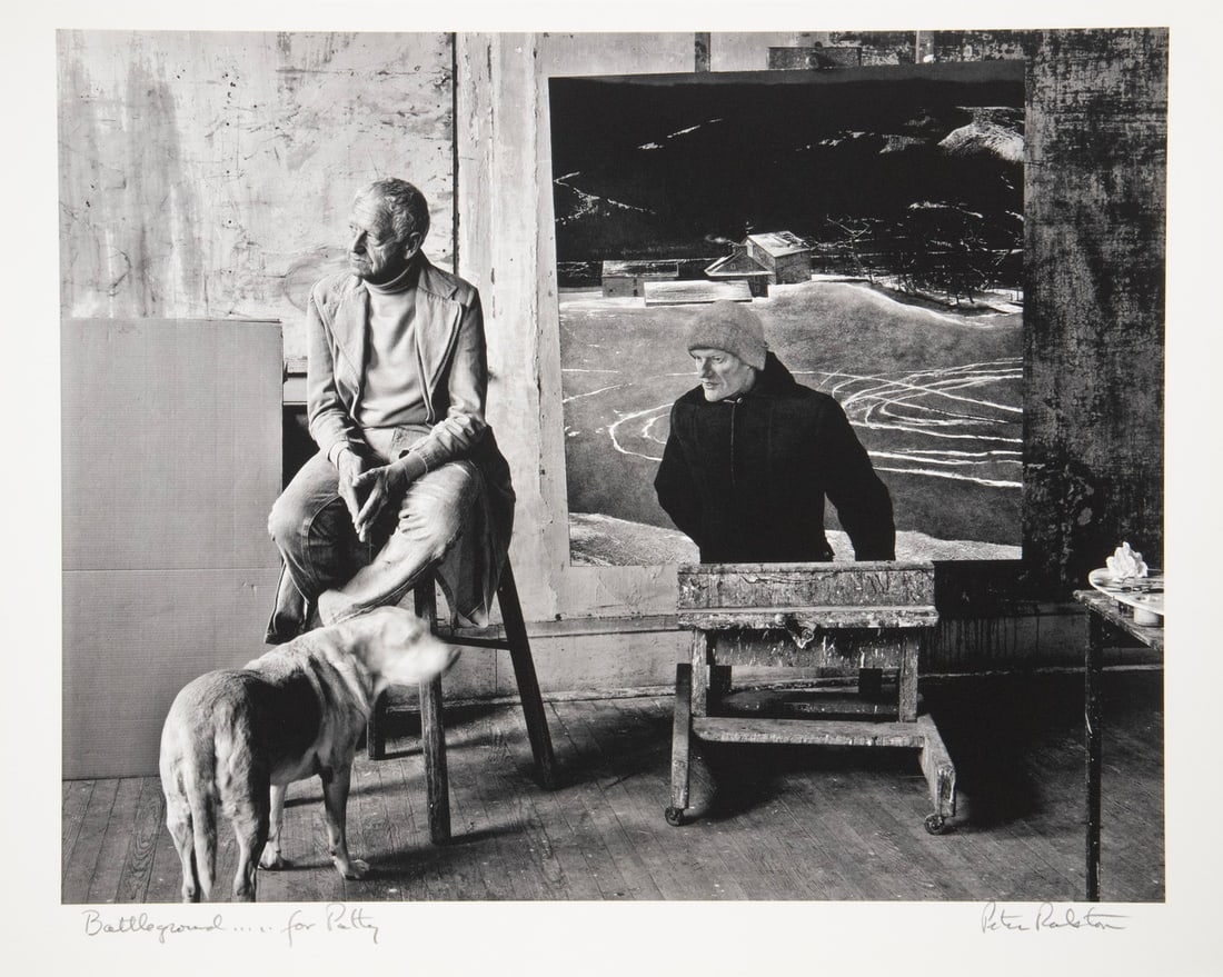PETER RALSTON (CONTEMPORARY MAINE): Battleground...for Patti, black and white photo portrait of artist Andrew Wyeth in his studio, pencil signed and titled, unframed, in folio. OS: 17 x 22 in. (43.2 x 55.9 cm.) SS: 15 x 19 in. (38.1 x 4