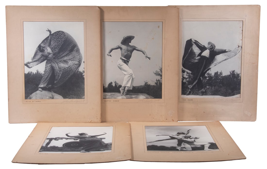 (5) PHOTOS OF GREAT DANCERS BY LINDQUIST: John Lindquist (1890-1980) lobby photos taken at Jacob's Pillow in Becket, MA (The Berkshires). Late 1940s early 1950s. All are mounted on board, with subject's name inked at bottom and pencil signed
