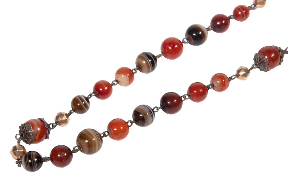 CARNELIAN AND BANDED AGATE BEAD NECKLACE WITH SILVER AND GOLD ELEMENTS (1 of 2)