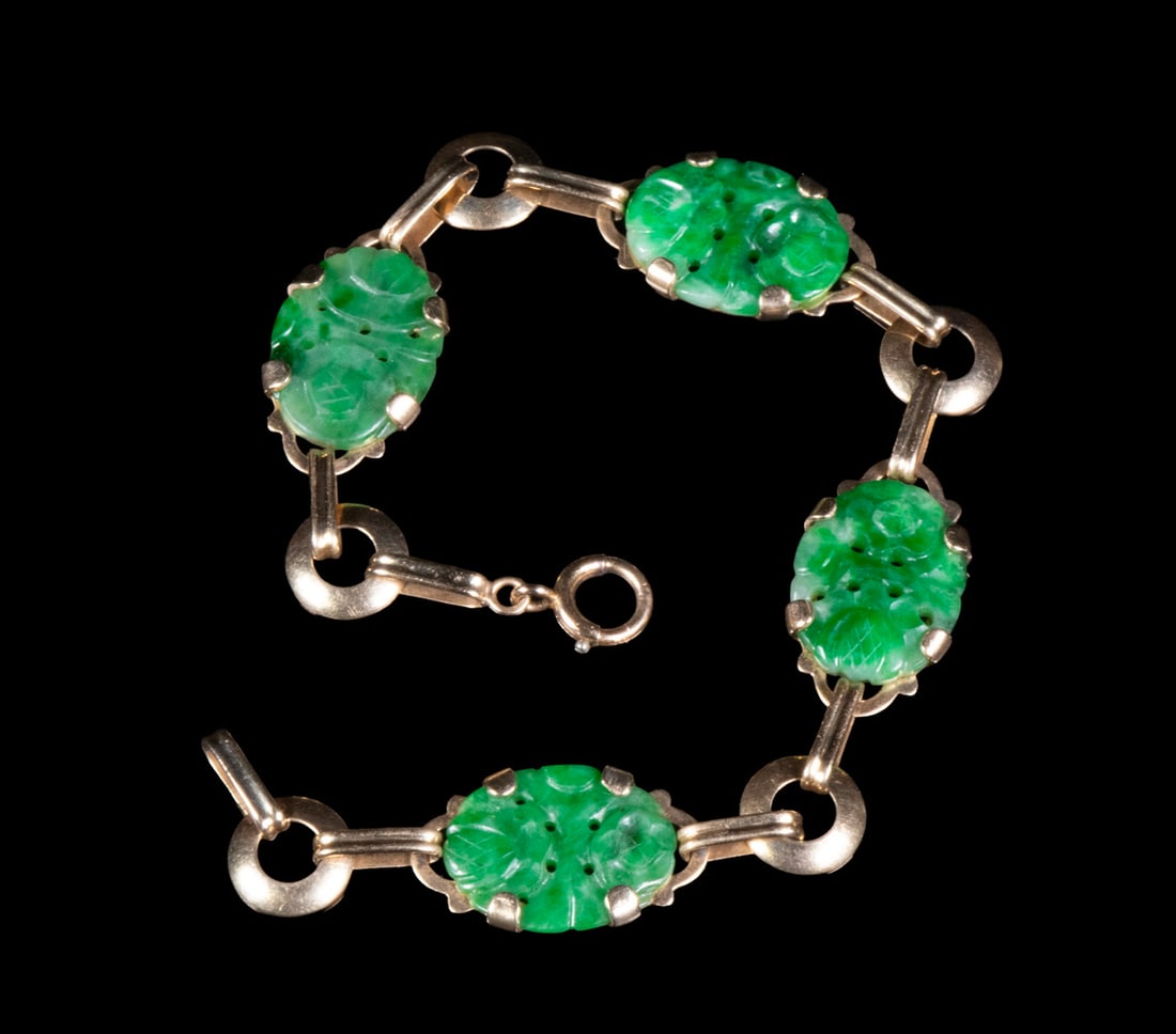 ART DECO 14K GOLD AND CARVED JADEITE BRACELET (1 of 1)