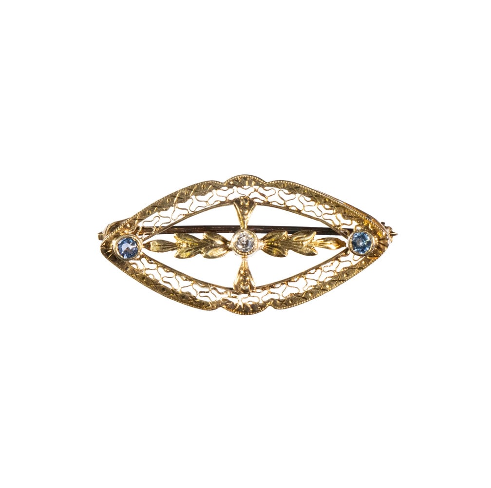EDWARDIAN 14K GOLD FILIGREE BROOCH WITH DIAMOND AND SAPPHIRE (1 of 1)