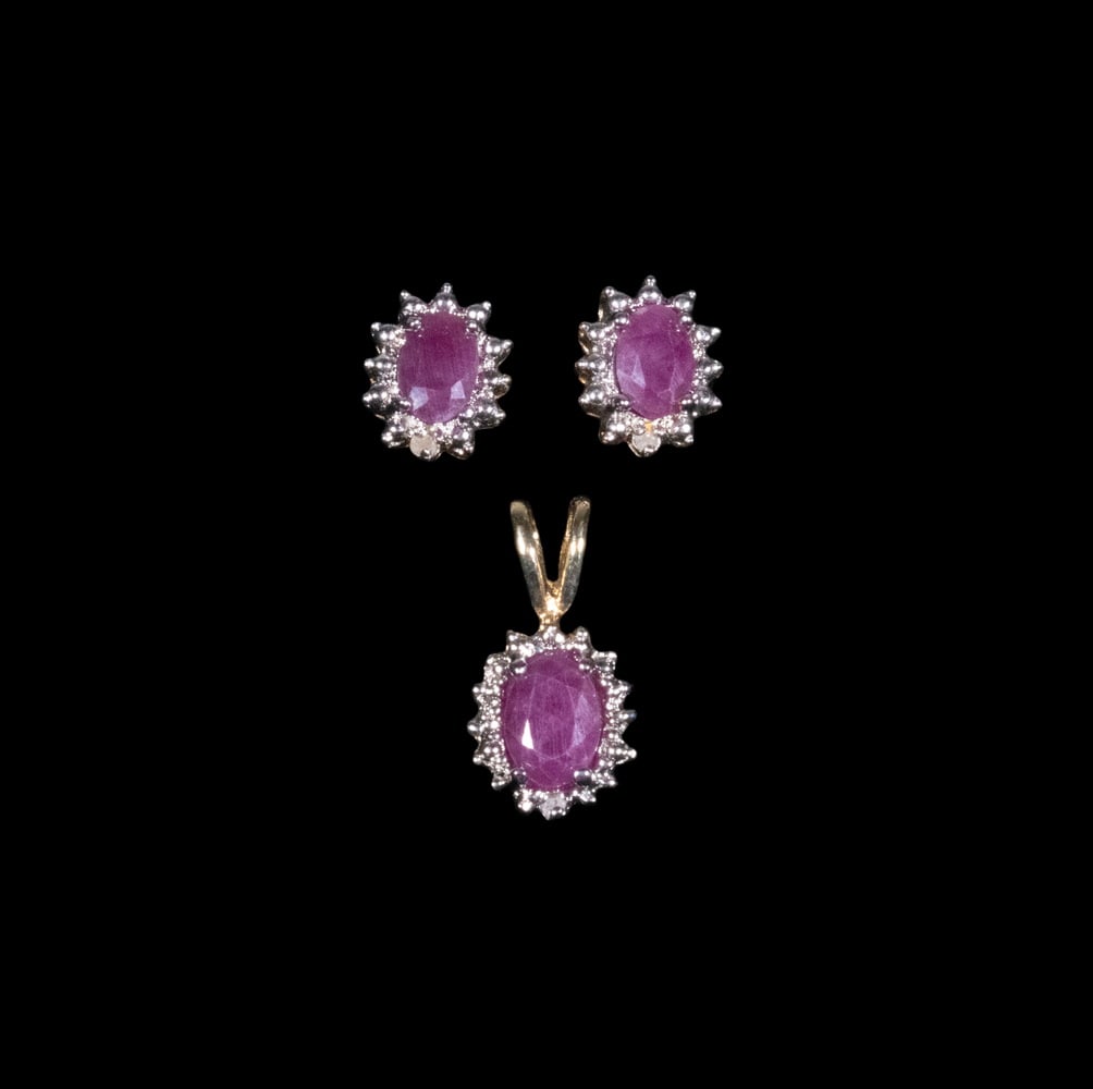 STERLING SILVER RUBY AND DIAMOND PENDANT AND EARRING SET (1 of 1)