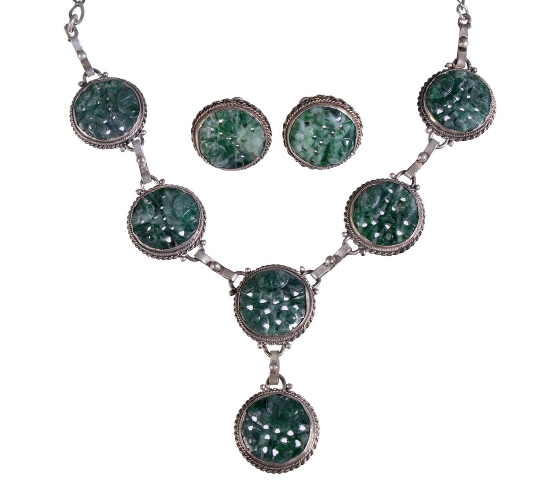 (2) VINTAGE STERLING SILVER JADE NECKLACE AND EARRINGS (1 of 1)