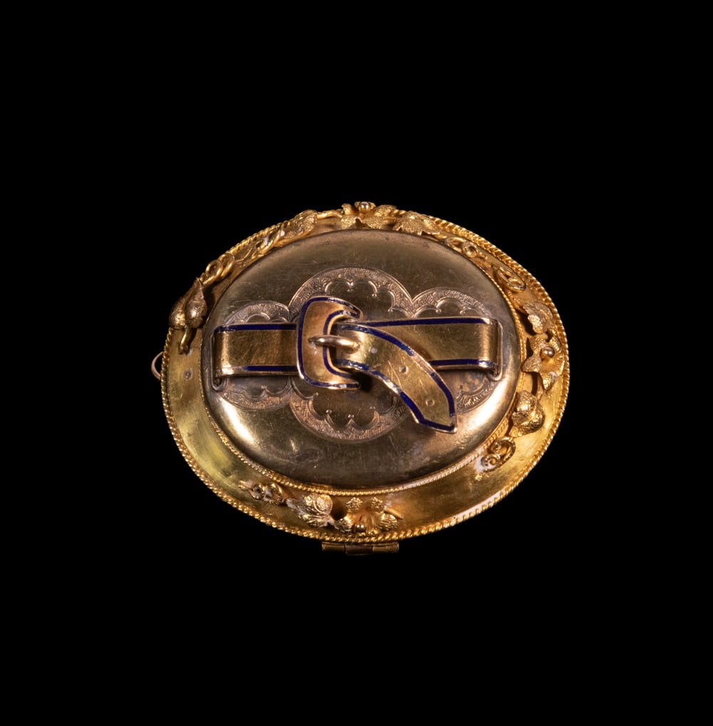 VICTORIAN 14K GOLD ENAMEL PORTRAIT AND HAIRWORK LOCKET BROOCH (1 of 3)