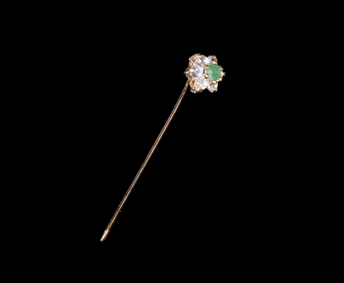 14K GOLD STICKPIN: 14K Gold Stickpin Set with Small Round Central Emerald Surrounded by 6 White Sapphires.
