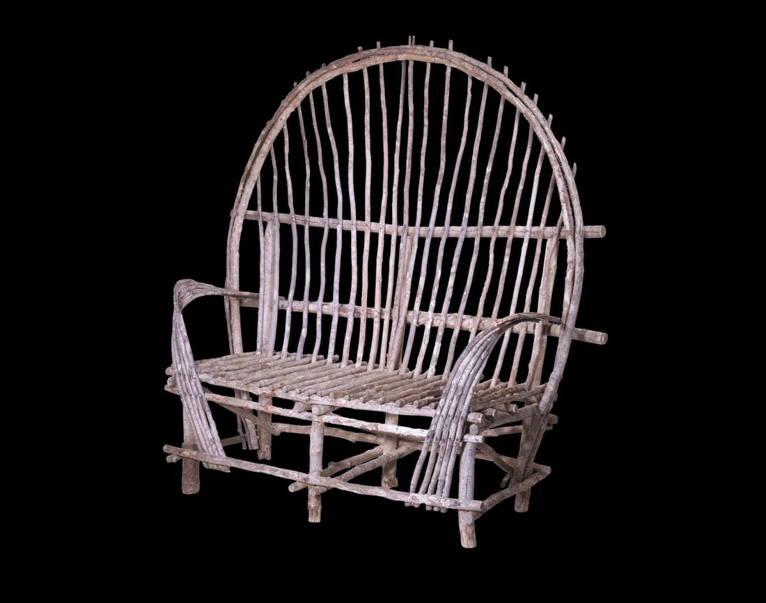 LARGE ADIRONDACK TWIG SETTEE: Vintage Bent Twig Bench, with bentwood crest rail and armrests, branch back and seat spindles, set on six log legs. 60 x 60 x 23 in. (152.4 x 152.4 x 58.4 cm.)