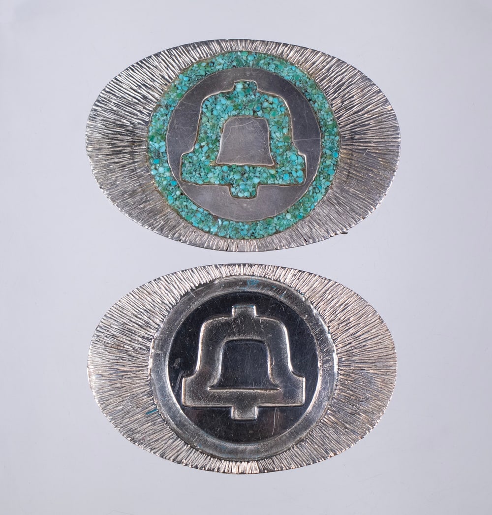 (2) BELL TELEPHONE STERLING BELT BUCKLES: Lot of (2) Southwestern Custom Crafted Oval Silver Buckles, made specifically for Bell Telephone employees, one with turquoise stone mosaic inlay, unsigned, 3.69 ozt tw. One with broken swivel. Each: