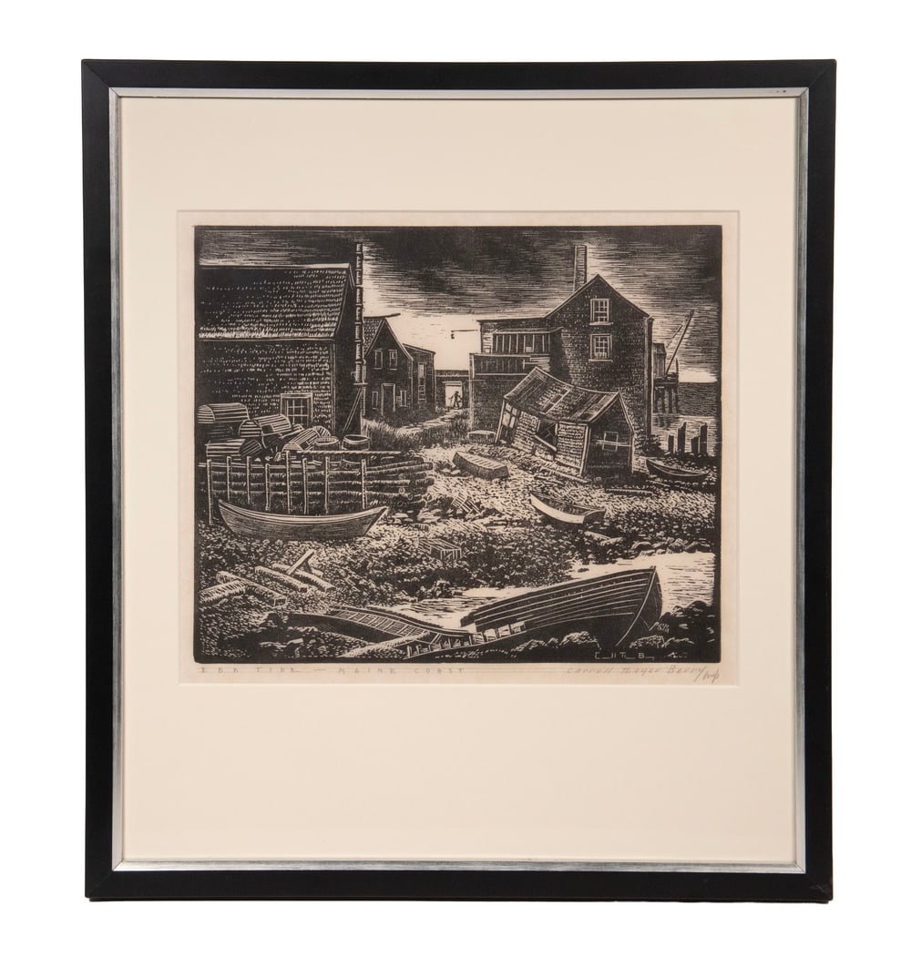 CARROLL THAYER BERRY (ME, 1886-1938): Ebb Tide - Maine Coast, woodblock print, pencil signed and titled, in black box frame with silver liner, matted under glass.OS: 19 x 17 in. (48.3 x 43.2 cm.), SS: 10 x 11 3/4 in. (25.4 x 29.8 cm.)