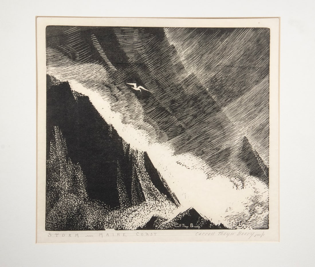 CARROLL THAYER BERRY (ME, 1886-1978): Storm-Maine Coast, woodblock print on japon paper, pencil signed and titled, unframed, tipped in the original mat with artist's stamp on back. Sheet is 16 1/2" x 15." OS in Mat: 22 x 18 in. (55.9 x 45