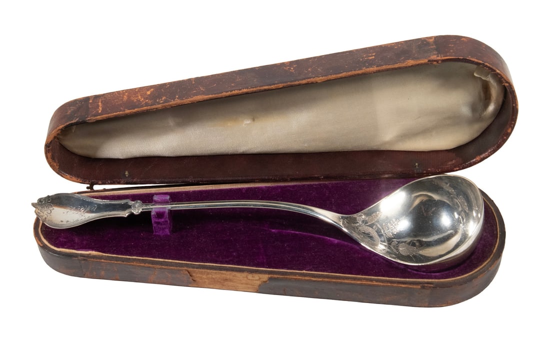 CASED COIN SILVER LADLE: 19th c. American Silver Soup Ladle, the bowl with floral and leaf design bright cut engraved decoration, the handle with engraved MER monogram, marked "coin" to handle underside, in a velvet lined