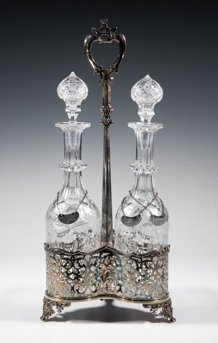 DECANTER STAND WITH BOTTLES & STERLING LABELS (1 of 3)