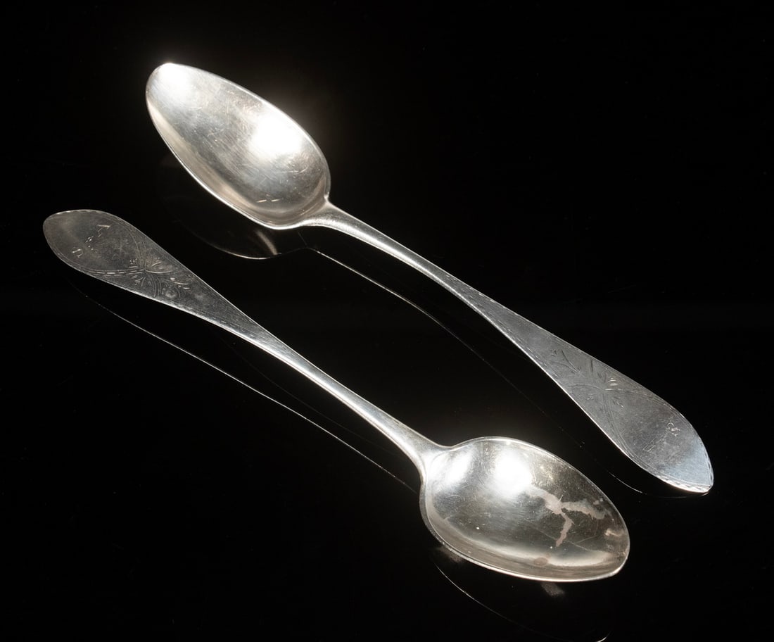 (2) ENGRAVED COIN SILVER SPOONS BY SAUNDERS PITMAN, C.1780 (1 of 3)