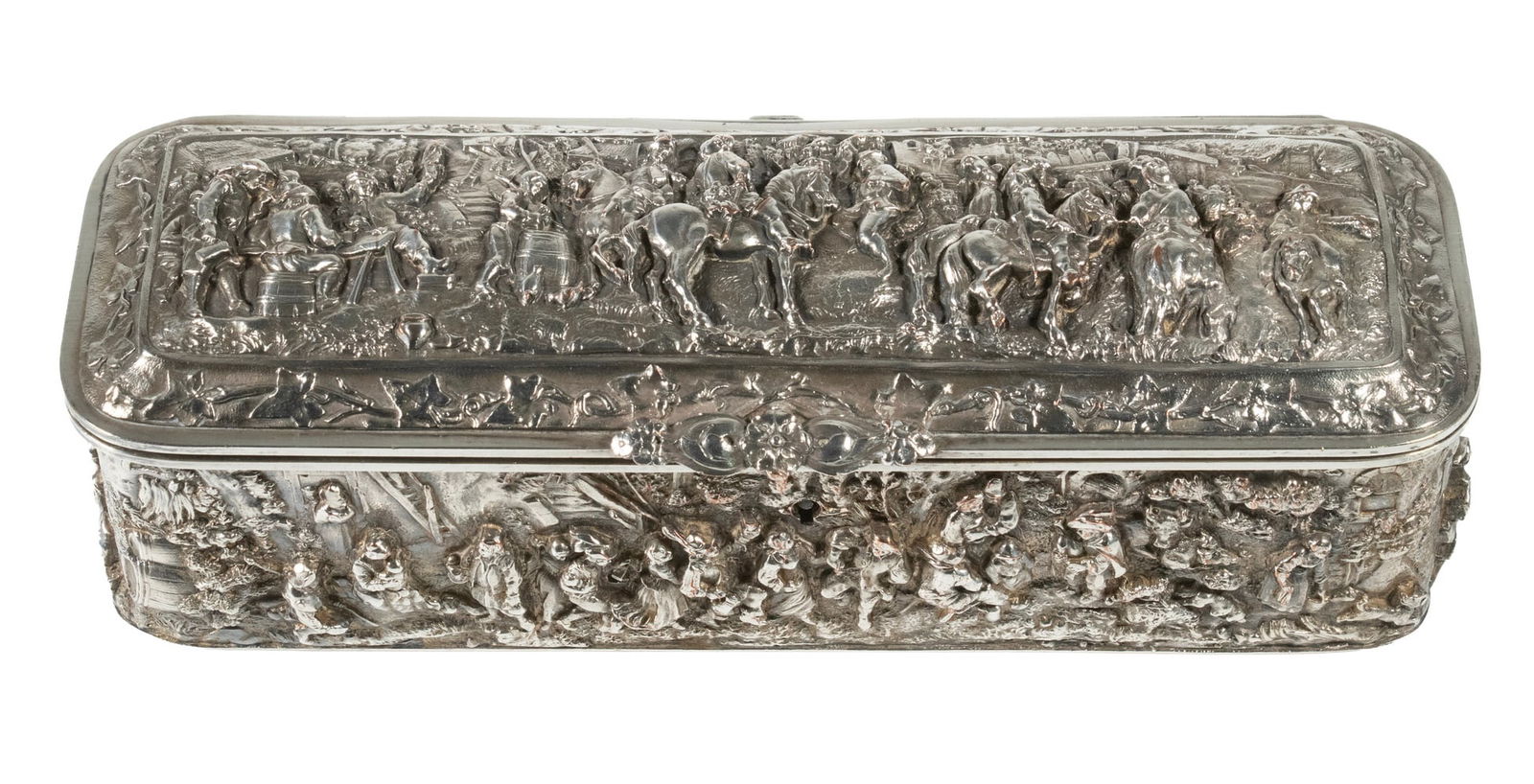 CONTINENTAL SILVER ON COPPER JEWELRY BOX: Late 19th c. Silver Plate Rectangular Trinket Box, the hinged lid with raised decoration of soldiers on horseback and a tavern scene, and the sides with a variety of figural village scenes, blue