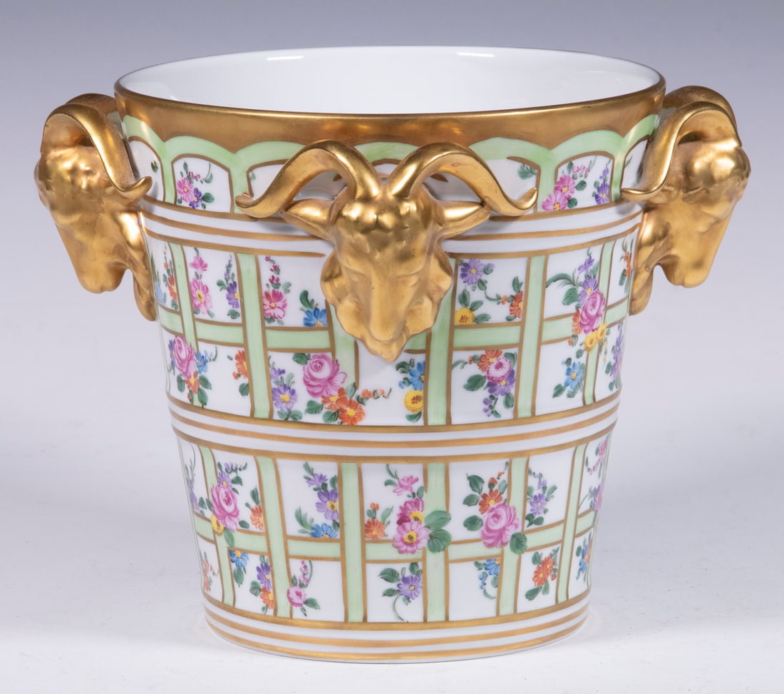 CARL THIEME DRESDEN PORCELAIN CACHEPOT: Hand Painted German Porcelain Jardiniere, early 20th c., tapered cylindrical shape with four ram's head form handles, floral and lattice decoration, base with underglaze blue Thieme Potschappel