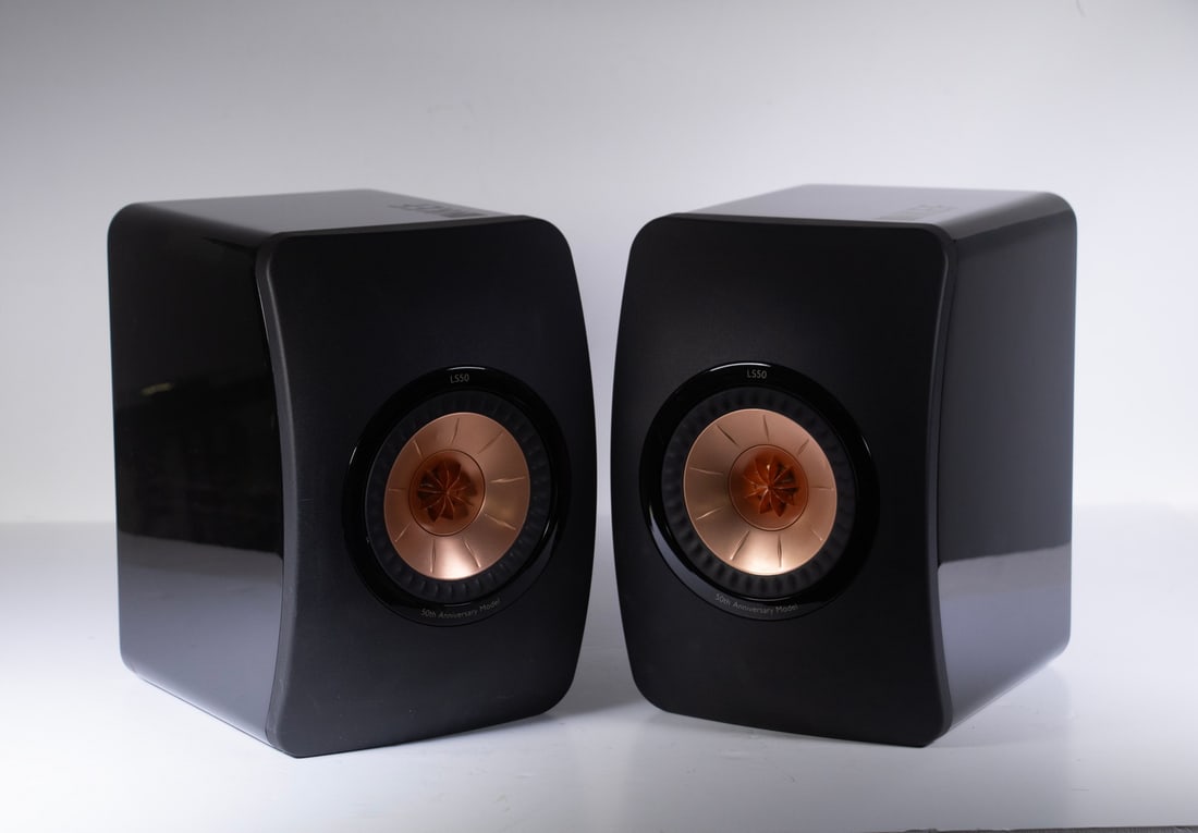 HARMAN / KARDON GO + PLAY II & BLUETOOTH SPEAKER & KEF LS50 SPEAKERS: Go + Play w/ cell phone port, 10" x 20" x 8"; HK Bluetooth Speaker, 9" x 16" x 7"; Pair of KEF L550C Wireless Speakers, 12" x 8" x 10" each. Lrg: 10 x 8 x 20 in. (25.4 x 20.3 x 50.8 cm.), sml: 9 x 7 x