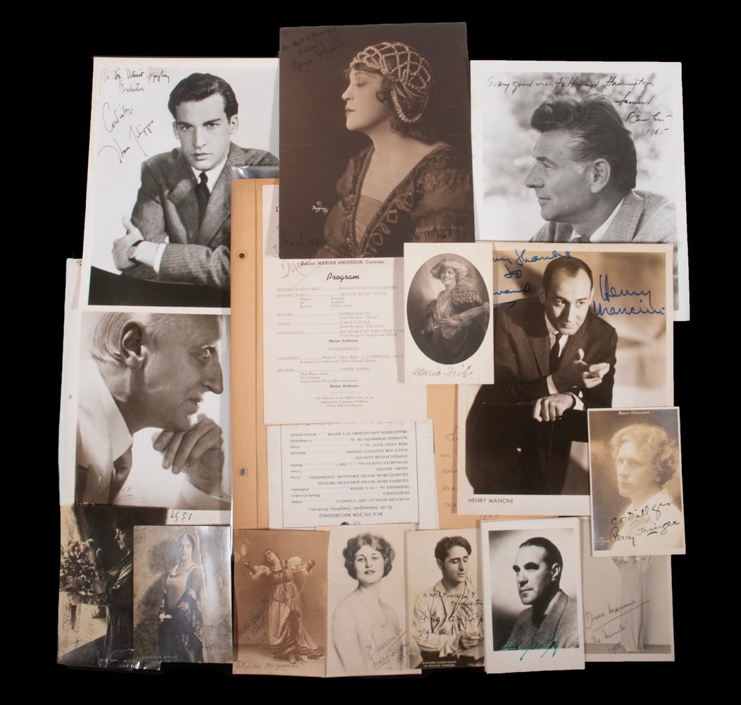 COLLECTION MUSICAL MEMORABILIA 1930-1970 HARRINGTON & MERRITT: Singing couple Howard Harrington and Edna Merritt, with Program signed by Marian Anderson; many signed photos including Leonard Bernstein, Henry Mancini, Rosa Ponselle, Thomas Schippers, Victor de