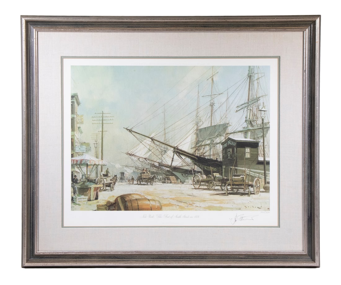 JOHN STOBART (MA/FL/UK, 1929-2023): New York, The Foot of South Street, in 1876, offset lithograph, pencil signed and numbered 320/750, in silver and dark blue molded frame, matted under glass.OS: 27 x 32 in. (68.6 x 81.3 cm.), SS: 15
