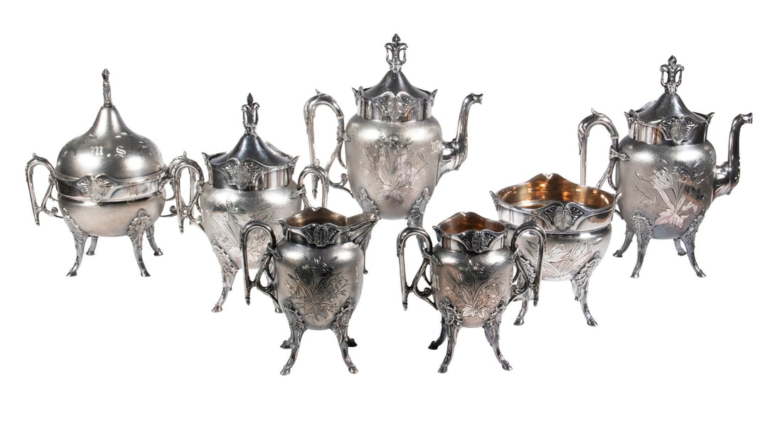 (7 PC) WILCOX SILVER-PLATE COFFEE & TEA SERVICE: Vintage (7) Piece Beverage Serving Set, by the Wilcox Silver Plate Co. (Meriden, CT), pattern 131, each piece with textured service and engraved floral and bird decoration, MS monogram, raised rims